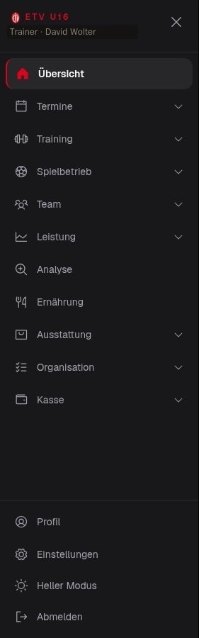 Geöffnetes Hauptmenü von TeamCompass mit allen Funktionskategorien