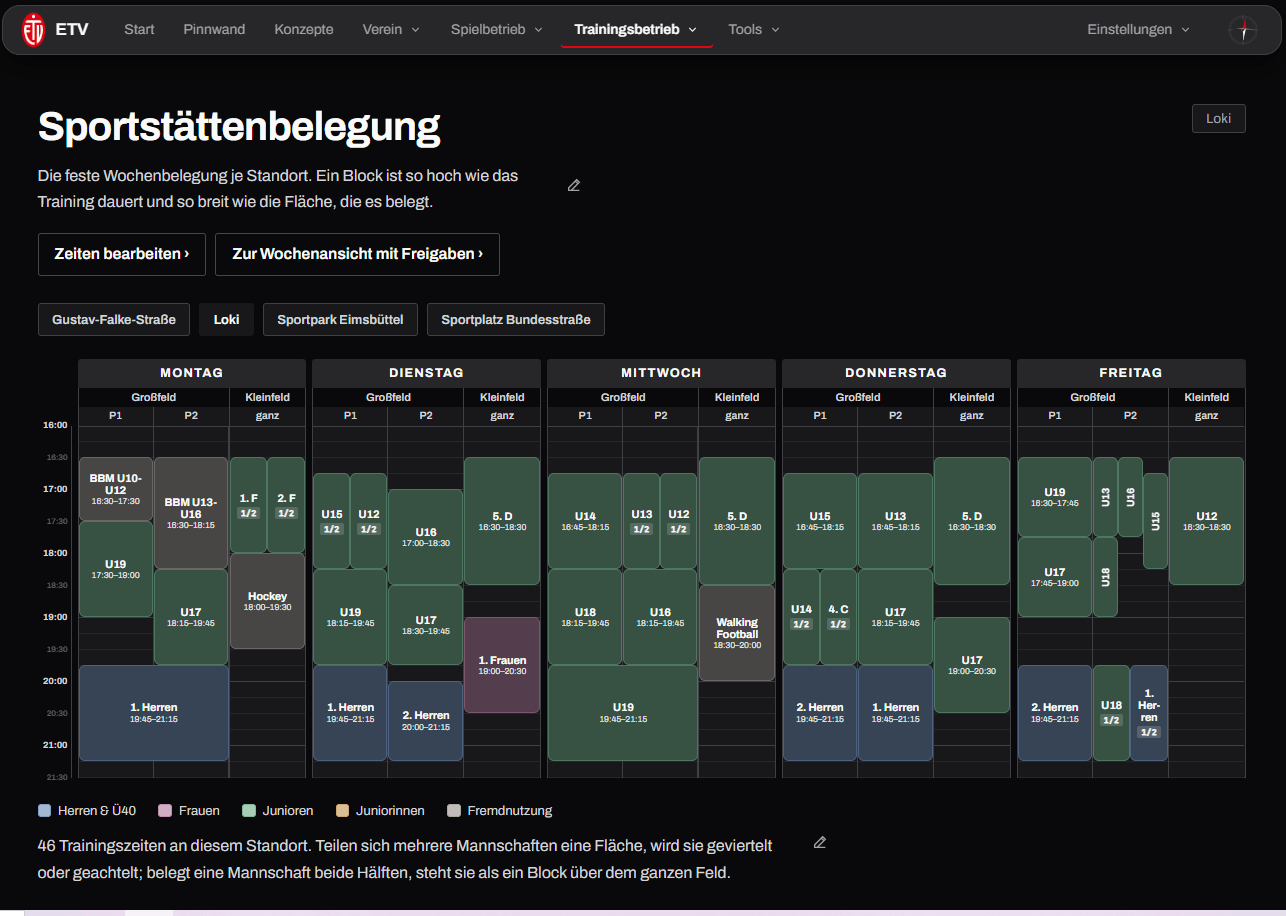 ClubCompass: Belegungsplan mit Saison-Raster und Stammzeiten