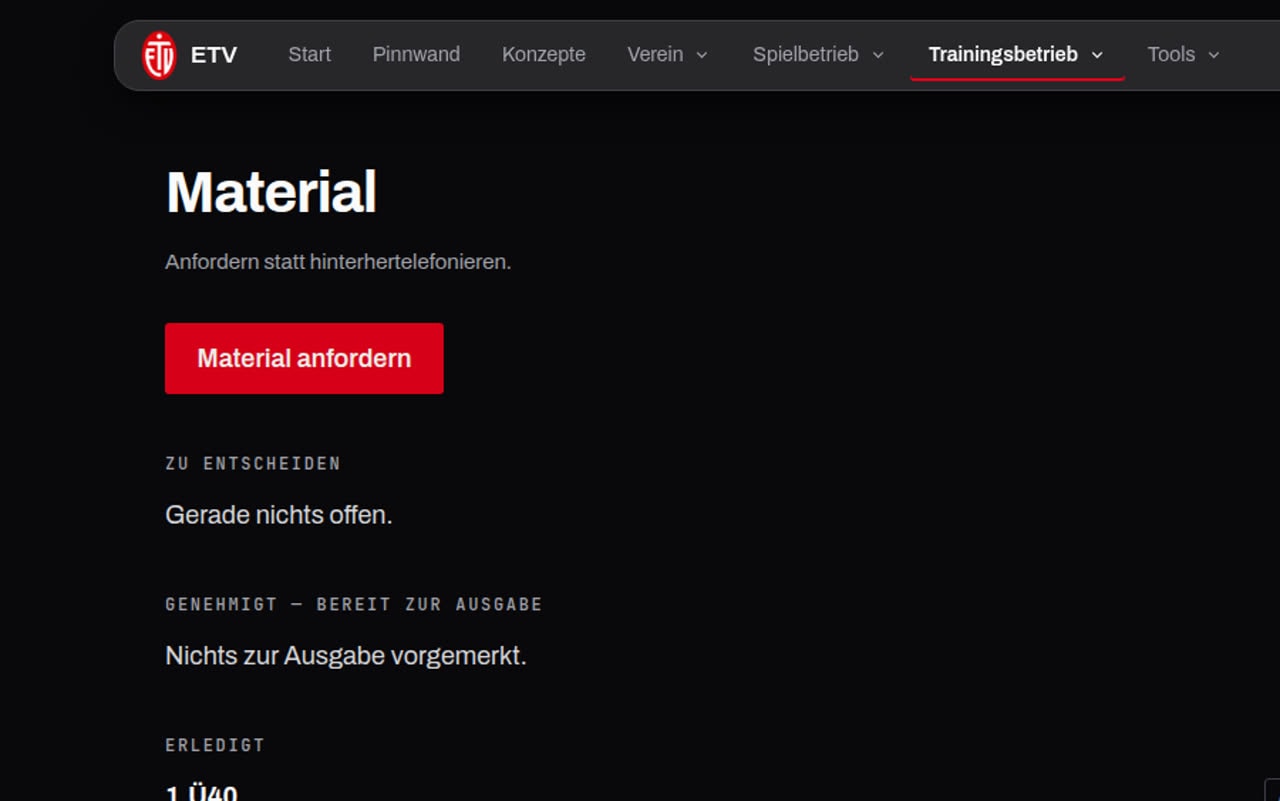 Materialanfragen nach Status geordnet: zu entscheiden, genehmigt, ausgegeben