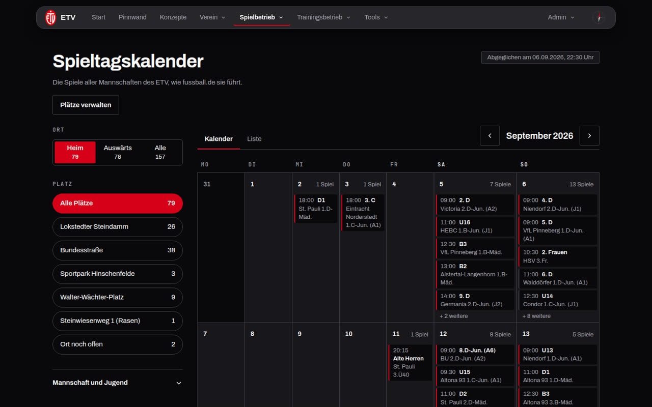 Spieltagskalender mit allen Ansetzungen der Mannschaften nach Kalenderwochen