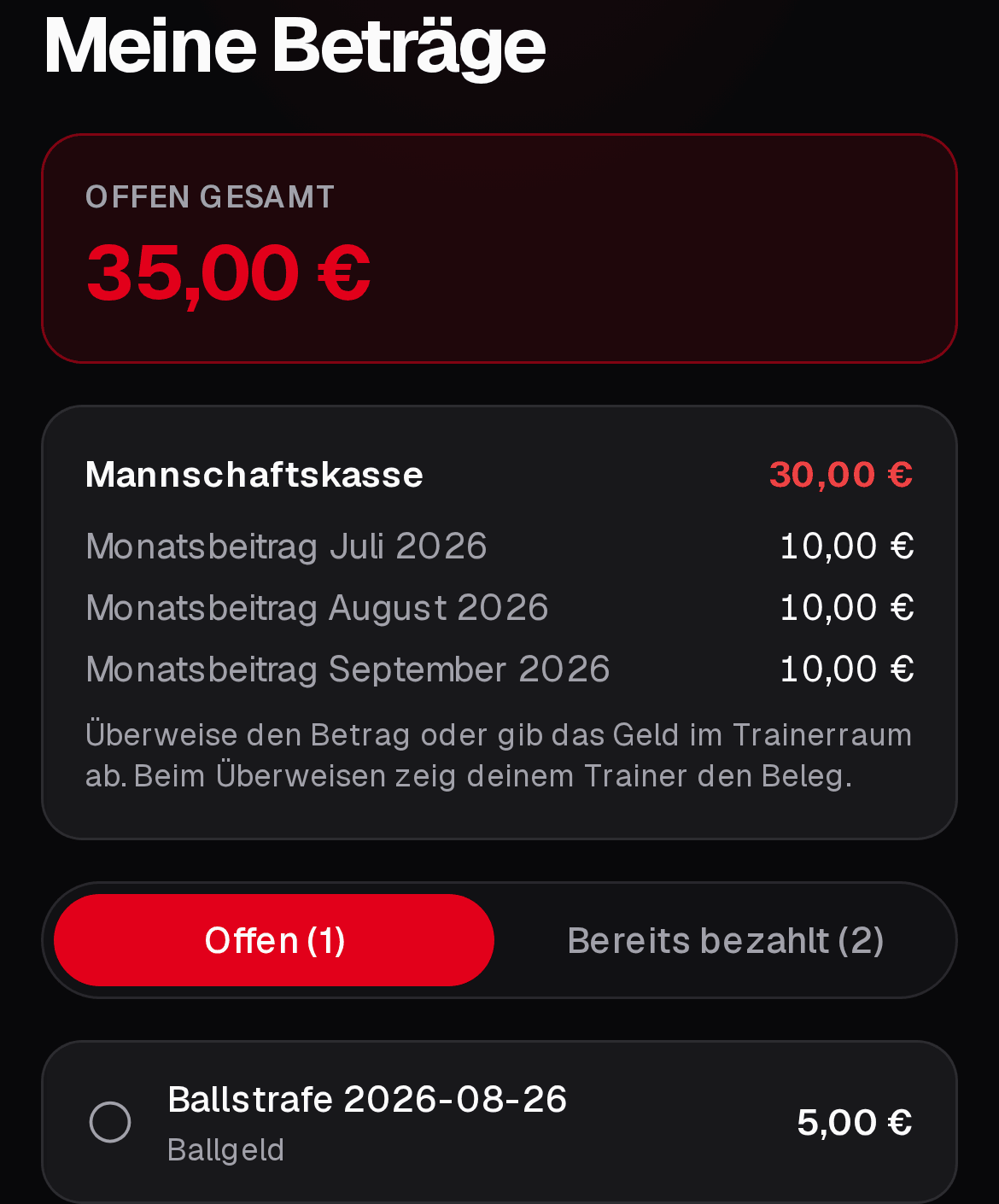 Eltern-App: Meine Beträge mit offenem Gesamtbetrag und Monatsbeiträgen