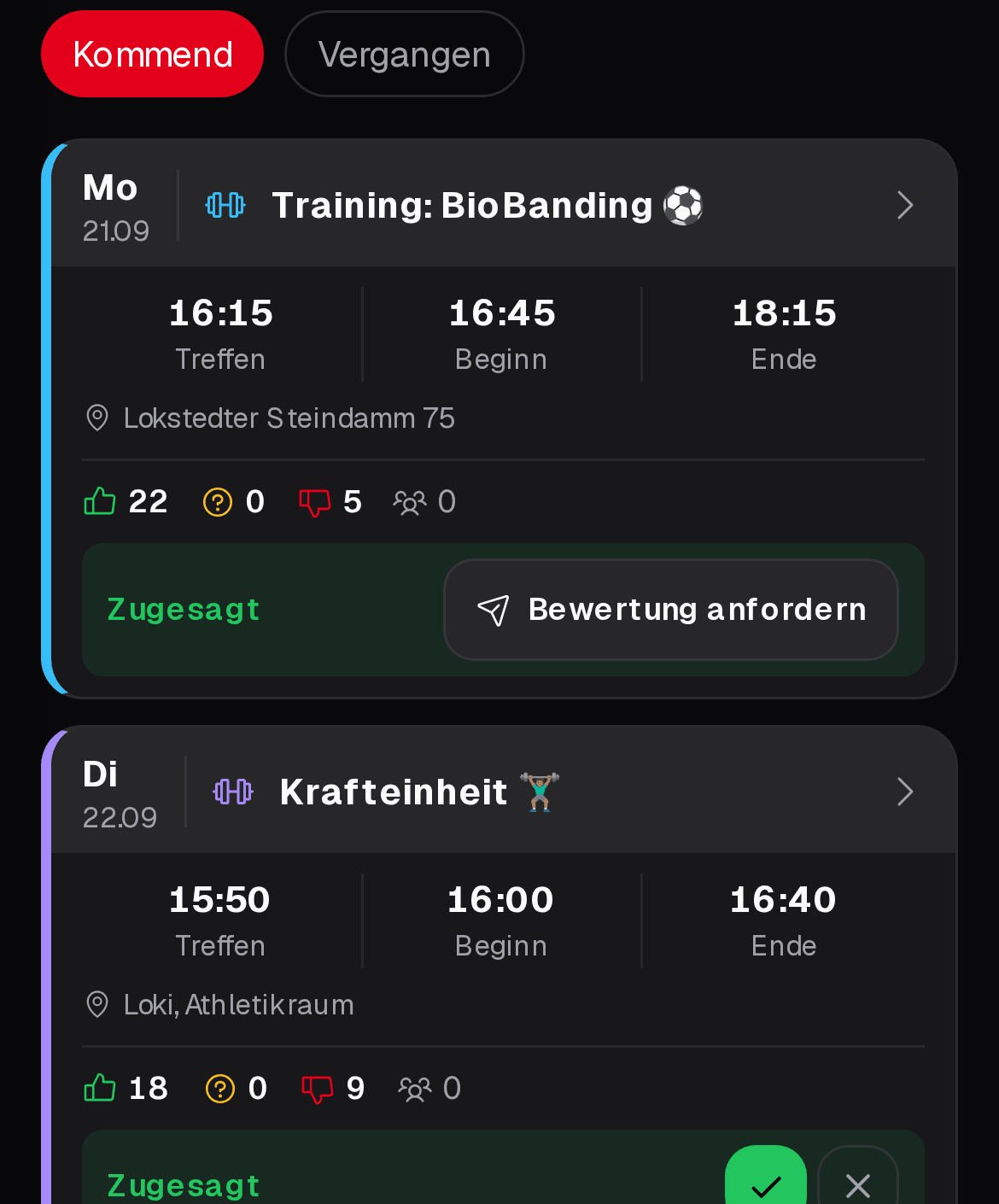 Eltern-App: Termine des Kindes mit Zusage und Trainingszeiten