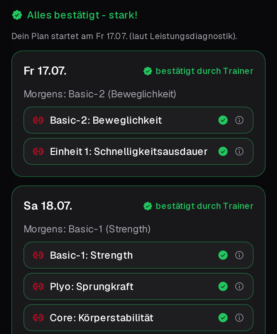 Spieler-App: bestätigter Athletikplan mit Einheiten für den Morgen, vom Trainer bestätigt
