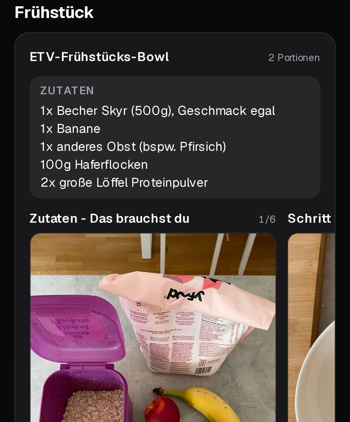 Spieler-App: Ernährungshinweis mit Frühstücks-Bowl und Zutatenliste
