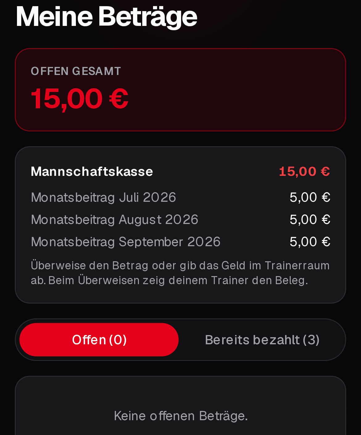 Spieler-App: Meine Beträge mit offenem Gesamtbetrag und Mannschaftskasse