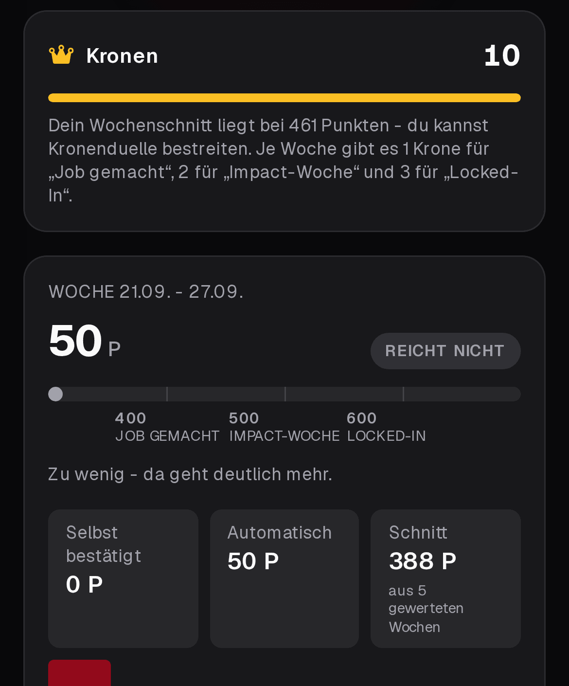Spieler-App: Logbuch mit Wochenpunkten und Fortschrittsbalken bis zur Impact-Woche